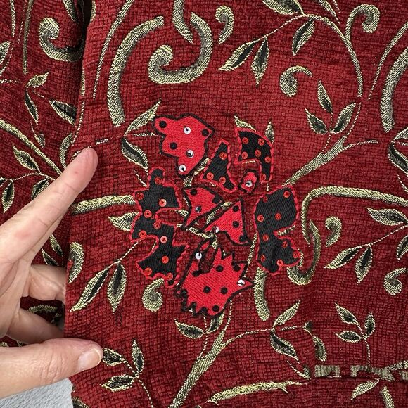 90s Vtg Tantrums Jacket Women Large Red Gold Tapestry Sequin Blazer Wearable Art - Picture 5 of 13